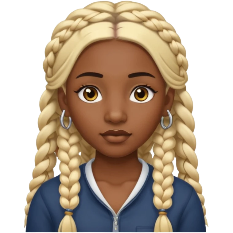 A dark-skinned woman with long blonde hair styled into two thick braids. She has large golden-brown eyes and arched eyebrows. Her face is decorated with piercings: a silver eyebrow ring, a nose stud, and a lip ring. emoji