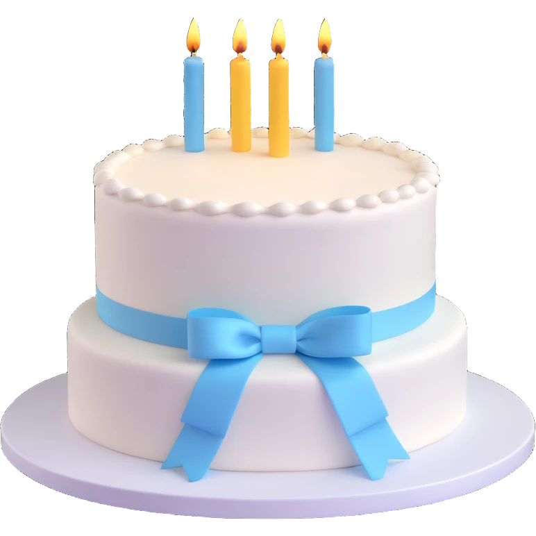 Adjust the cake to a single-level white birthday cake with small light blue ribbons arranged around the top edge, keep the 3D emoji style. emoji