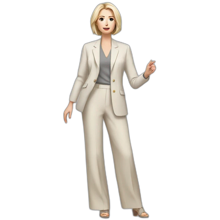 Full height Actively gesturing with hands pale skin woman with ash blonde Straightened bob Hair, White Spacious classical jacket, beige palazzo Arrow pants and gray blouse emoji
