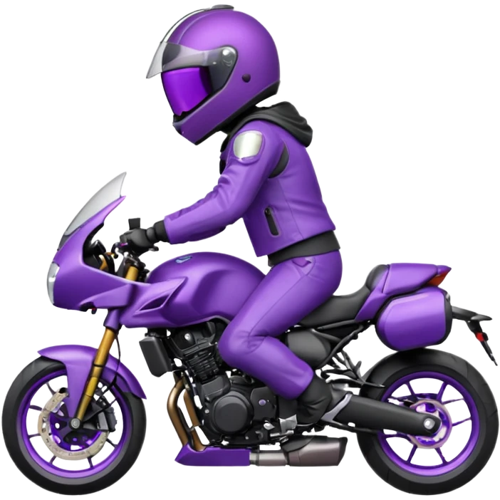 Créer un emoji avec une moto mt07 sport noir mate / violet iridescent très foncé. Avec une pilote dessus visière violet sombre faceless, bulle de la moto violet. Avec fond arrière violet, tenue complète casque inclus violet  emoji