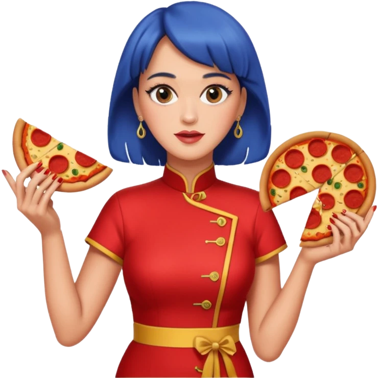 Katy Perry, wearing cheongsam, with pizza emoji