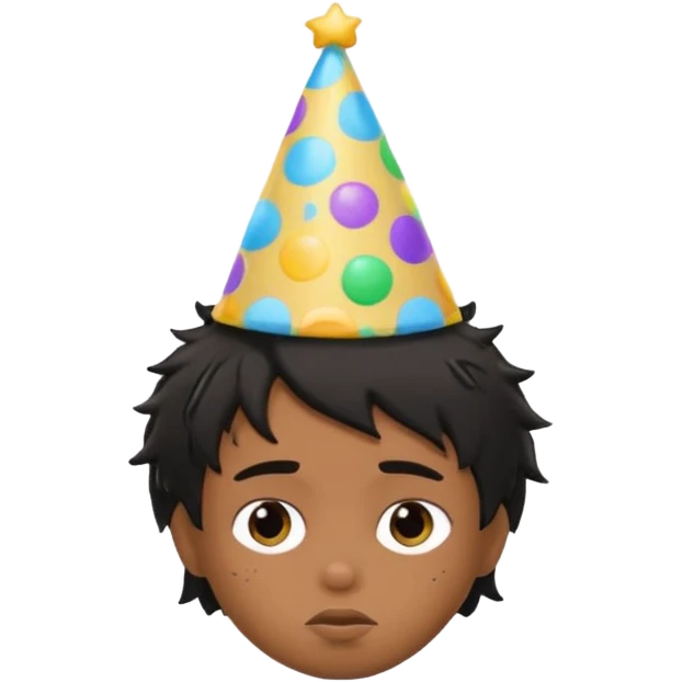 generate a pretty bratz brown skinned boy with black messy hair with a party hat. Looking sleepy emoji