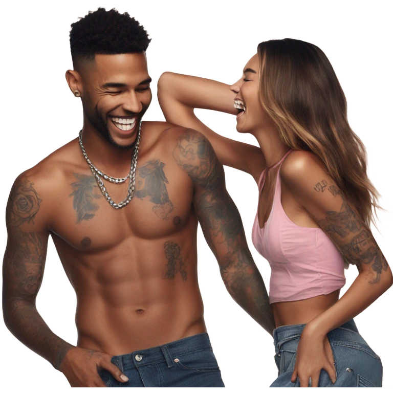 Photo of Victoria secret model laughing with a tattooed male model  emoji