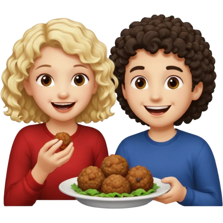 Ragazza bionda leggermente riccia che ride ad un ragazzo con i capelli ricci scuri mentre mangia polpette emoji