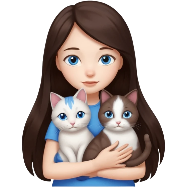 a pretty girl with long dark brown hair, with blue eyes, hugs 3 different natural coloured small cats emoji