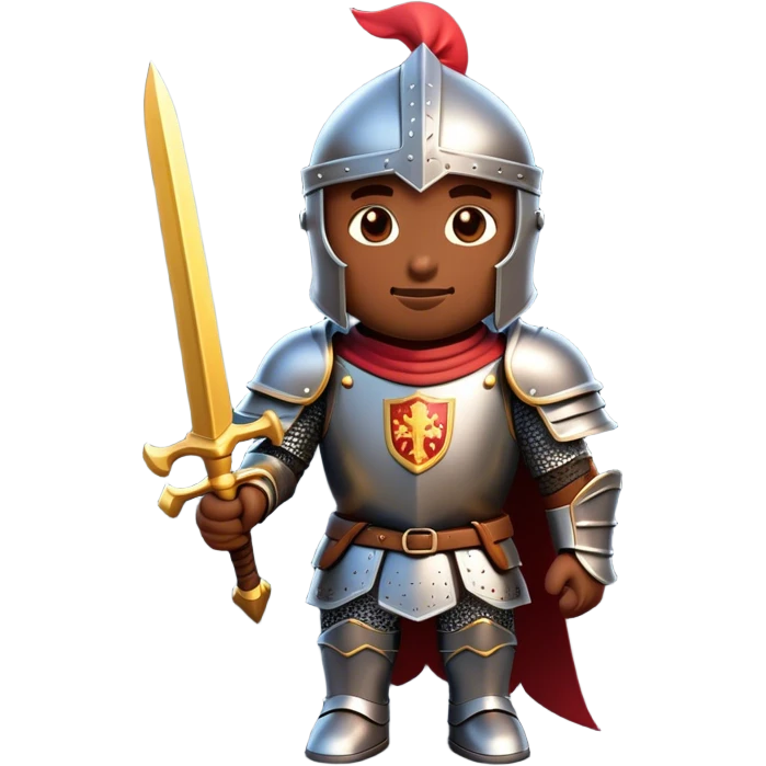 Clash of Clans aesthetic: Cinematic Playful Armored Knight Hero Emoji, rendered in a 3D vector-style similar to standard emojis with minimal shading and bold, simplified shapes. A compact, isometric warrior clad in gleaming plate armor with intricate heraldic details, softly glowing with a chivalrous medieval charm. Simplified yet unmistakably iconic, highly detailed and consistent, glowing with a soft radiant shine and high polish. Stylized with a touch of noble valor and a soft glowing outline, capturing the essence of a gallant knight ready for honorable battle with a friendly, playful manner! emoji