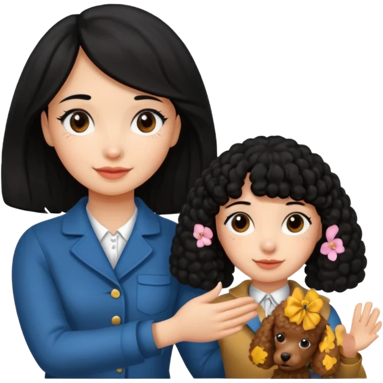 A black hair girl saying byebye with hand shaking a with a brown poodle emoji