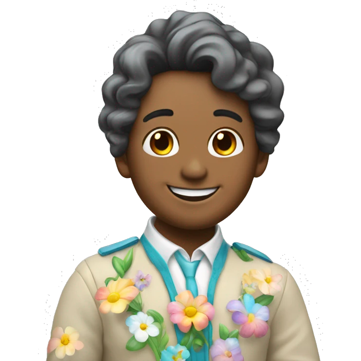 Uniconio sonriente de pelo celeste y piel blanca con un collar de flor de colores emoji