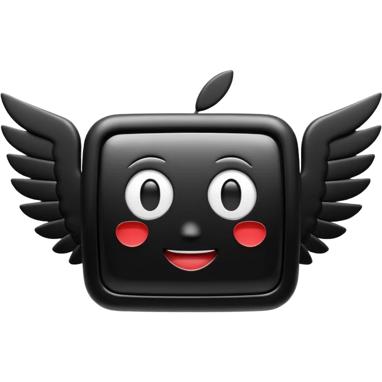 3D emoji of a rectangular video screen with a play icon in the center and small wings on both sides, in Apple Memoji style. Soft studio lighting, glossy finish, black background, minimalistic and centered composition emoji