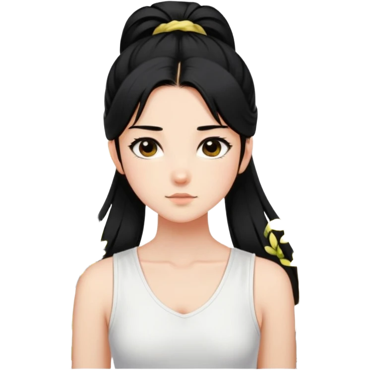 A girl with a high ponytail, a black hair tie, and a sleeveless white top, surrounded by blooming forsythias. emoji