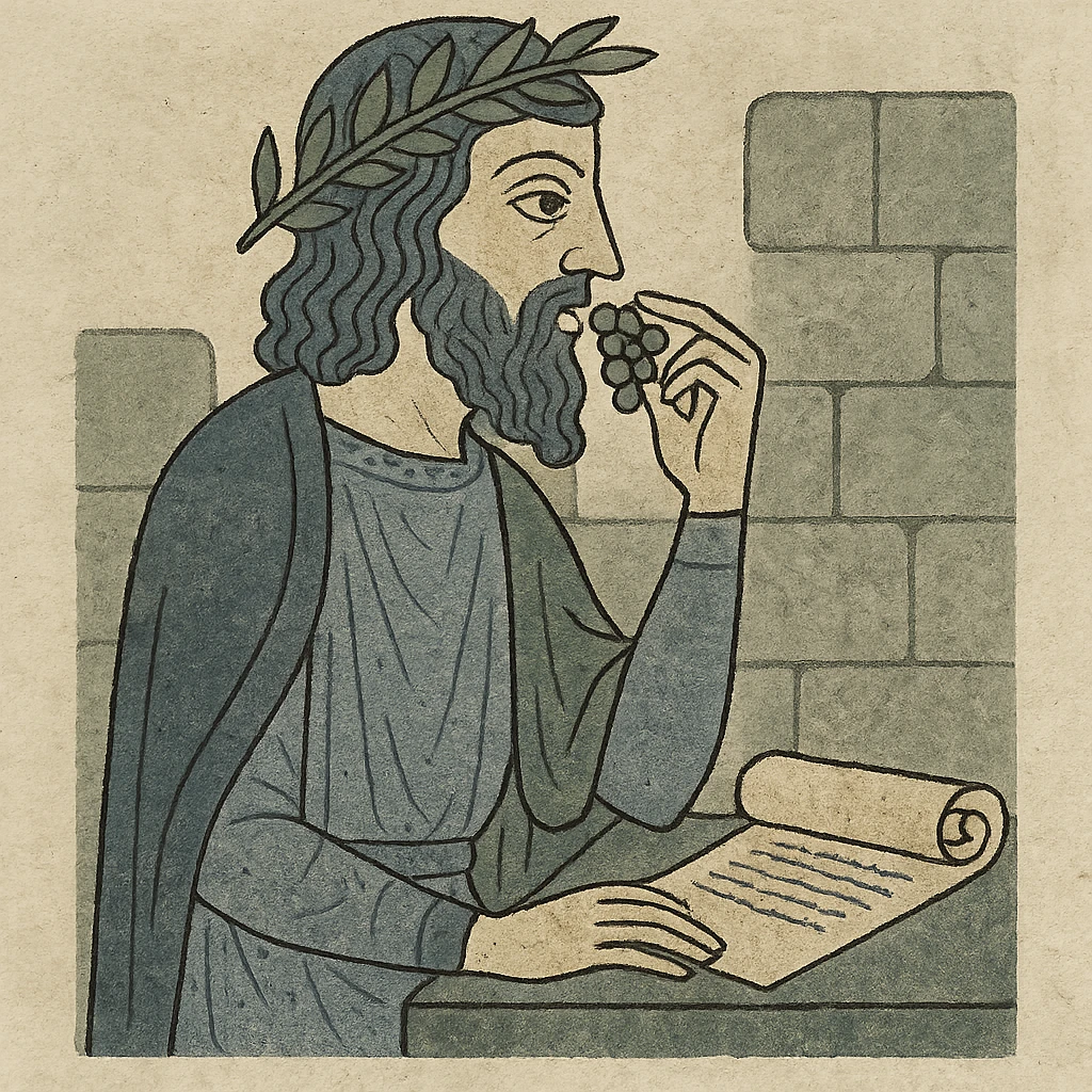 ancient Greek philosopher eating grapes, scroll on table, olive wreath, stone background emoji