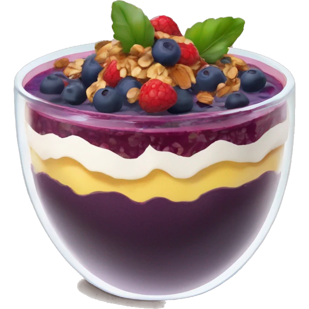 Açaí in a clear cup with layers of fruits and granola and condensed milk emoji