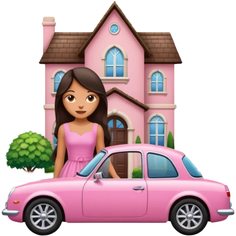 Девушка с тёмными длинными волосами и смуглой кожей сидит в красивой розовой машине на фоне большого дома emoji