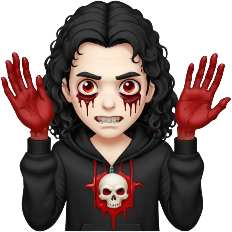 Vampire wearing a black hoodie with a skull logo on it, long curly hair that covers the forehead, fanged teeth and blood on hands emoji