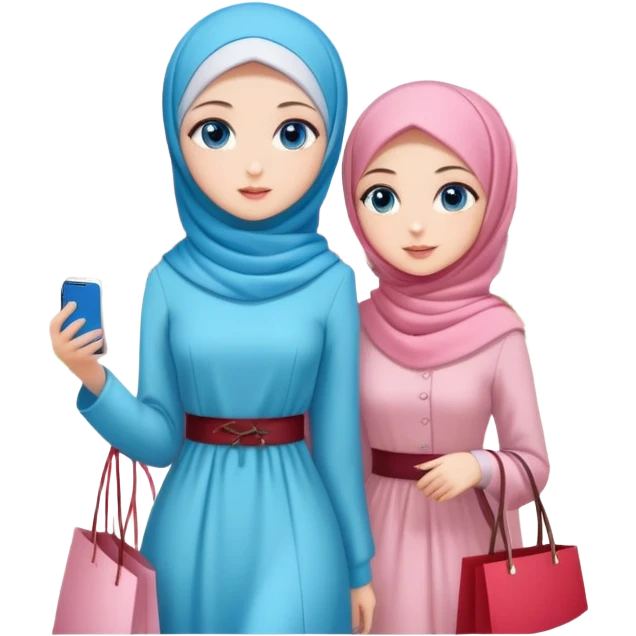 Turkish beautiful finish Konya girls blue eyes with lovely cherry blossom hijab long tail dress and the two friends shopping in a shopping city  emoji