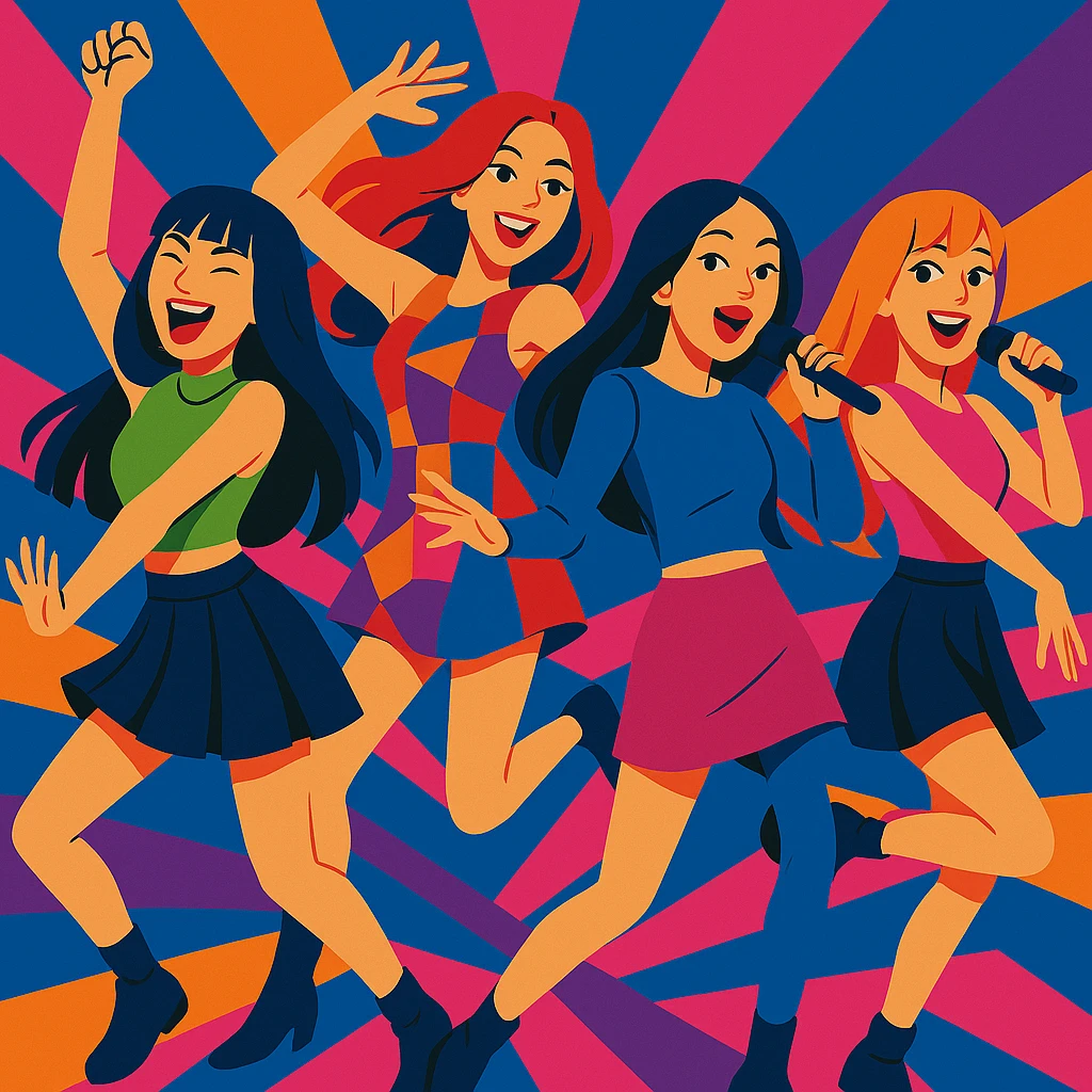 Make the Blackpink group pose even more dynamic, with energetic dance moves and expressive gestures, vibrant toon style emoji