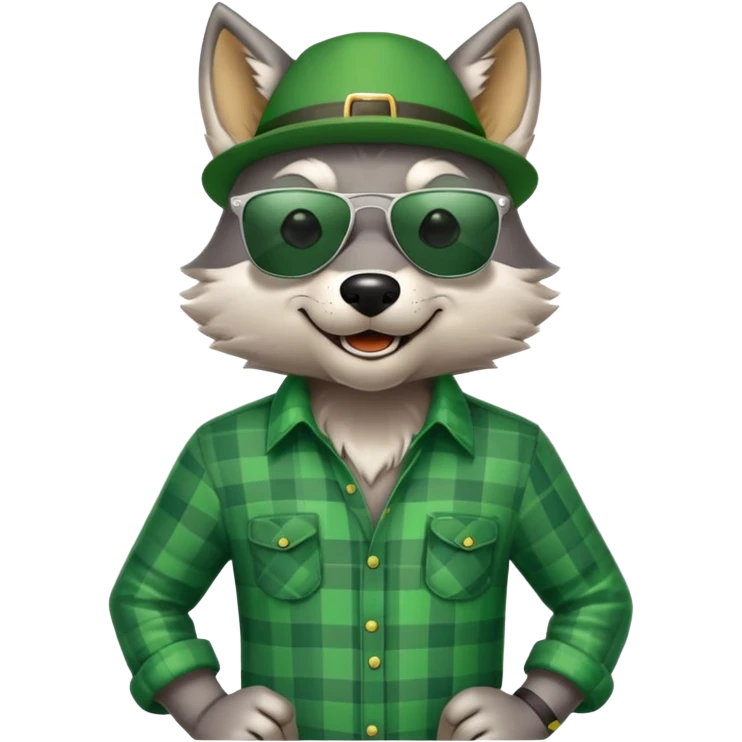 friendly anthropomorphised wolf in green plaid shirt and green attire for St. Patrick's Day, wearing dark sunglasses, festive pose emoji