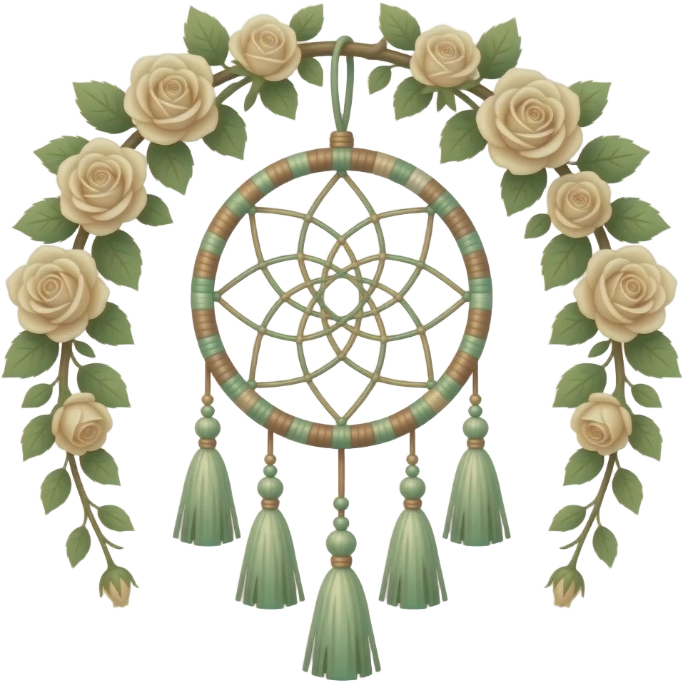 Hippie-like Cute dainty neat Pastel Green-white-brownish-beige-gradients thread-rope-hanging dreamcatcher, pastel colors, whitish, light, green academia aesthetic, mossy, with green vines and beige roses, Cottagecore, Princesscore, shiny glistening, vintage, tassels emoji
