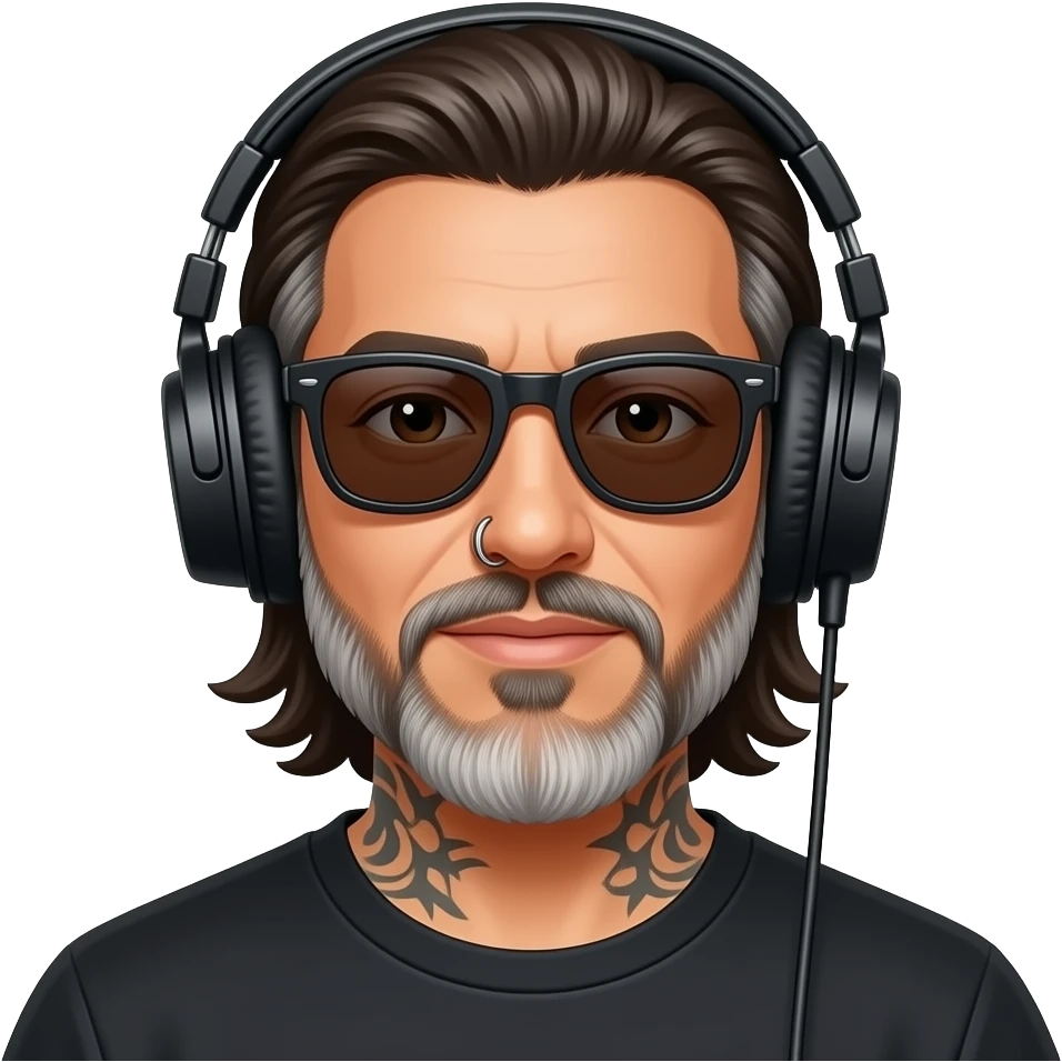 The handsome manly Latino podcast host with medium length hair, a long  slightly graying beard and tattoos with his ears pierced and a nose ring on the right side, dark brown eyes, dark sunglasses, headphones, recording an episode emoji