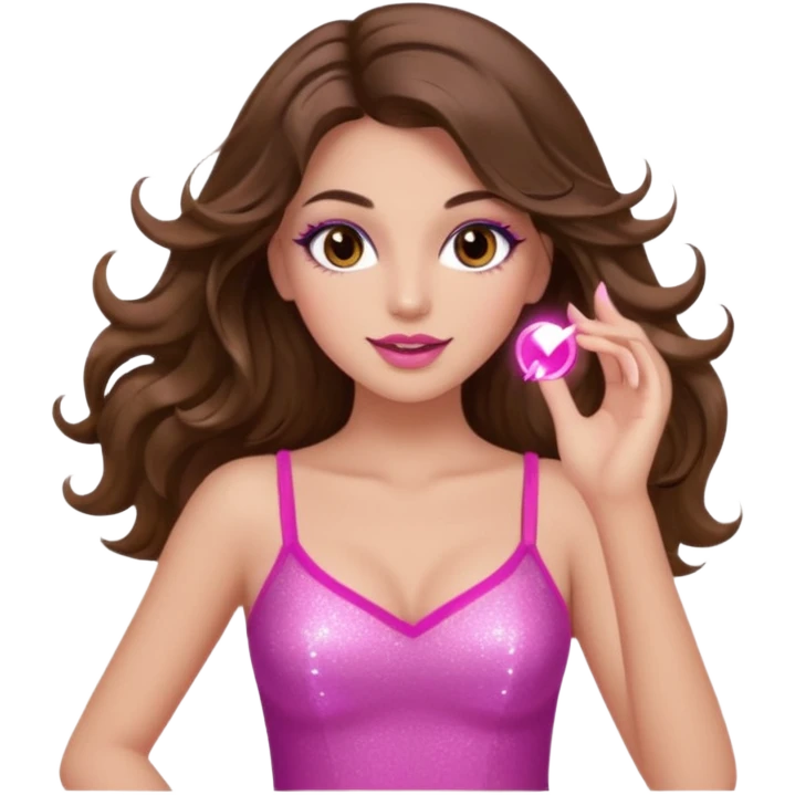 girl with long wavy brown hair, brown eyes, long lashes makeup, sexy pink lips, light to medium complexion, pink sexy top, dancing, sparkling emoji