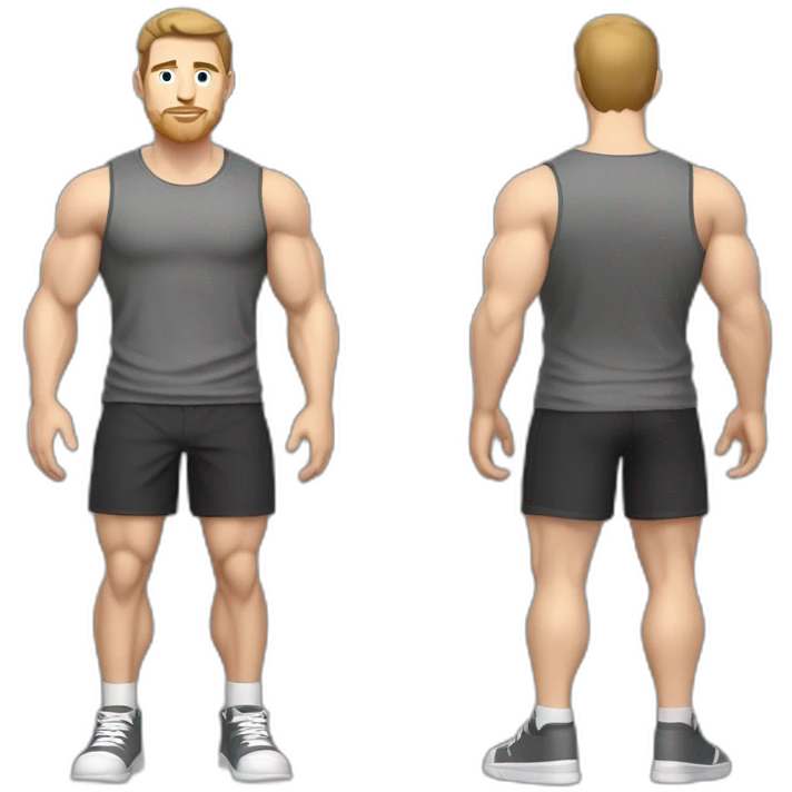 Full height Pale skinned fit man With biceps, Realistic eyes and mouth, light brown hair and stubble In dark gray sleeveless mike, black oversize sports shorts, watch and white sneakers. emoji