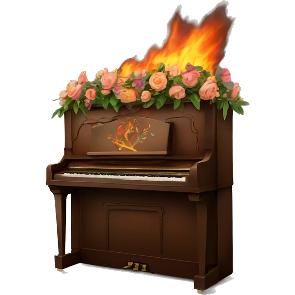 Burning Brown upright piano with flowers painted on the back of it emoji