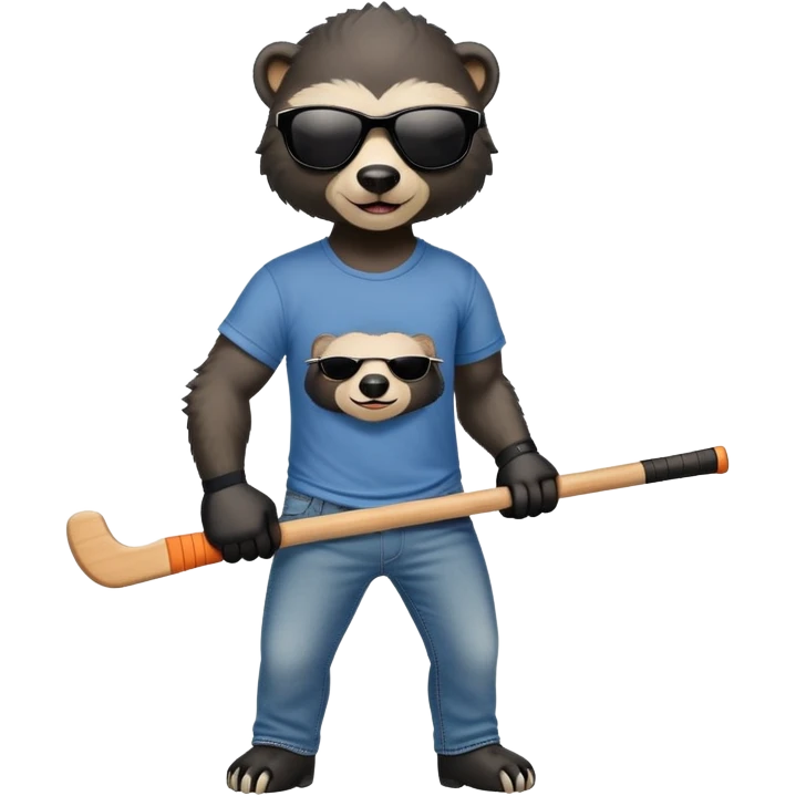 mischievous anthropomorphised honey badger in jeans and a t-shirt, wearing sunglasses, holding a hockey stick emoji