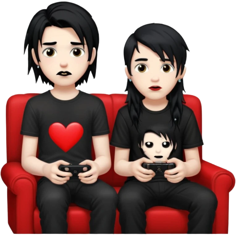 pale Goth boy with a bunch of face piercings, with shaggy dark brown hair, smudged, red, lipstick next to a tan gamer boy with long black hair , they are watching tv together  emoji