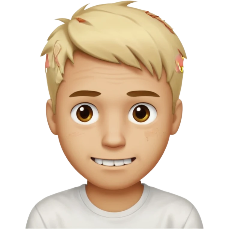 Male with short, messy blonde hair, large expressive golden-brown eyes, light brown skin, subtle facial bruises and scratches, crooked smile showing slightly damaged teeth, wearing a plain white t-shirt, friendly but creepy expression.
 emoji