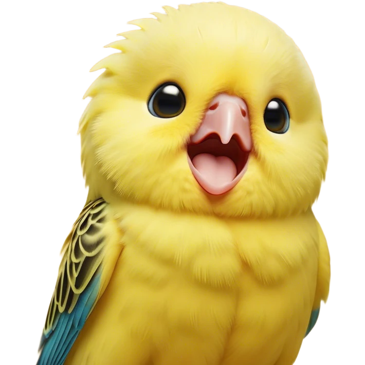 Cinematic Cute Yawning Yellow Budgie Portrait Emoji, Head tilted slightly with a dramatic, wide-open yawn, showcasing a soft, downy yellow feathered fur with gently drooping wings, round dark eyes barely open in drowsy contentment, Simplified yet irresistibly adorable features, highly detailed, glowing with a soft, cozy glow, high shine, relaxed yet expressive, stylized with a touch of whimsy, bright and endearing, soft glowing outline, capturing the essence of a sleepy yet affectionate budgie, so drowsy it feels like it could stretch out of the screen and curl up for a nap! emoji