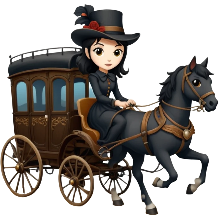  Rustic all black antique wood detailed 1854 pretty dark-haired Catgirl driving a huge horse-drawn fancy French stagecoach Caravan on a bumpy scary ghost trail in the woods  emoji