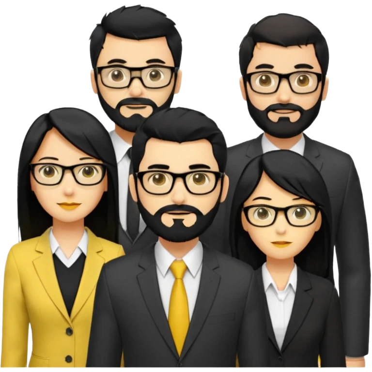 A work group avatar.Layout: two men (middle), two women (sides). Left woman: yellow skin, long black hair, glasses. Middle-left man: yellow skin, short black hair, thick black beard, shirt. Middle-right man: yellow skin, short black hair, no beard, suit. Right woman: yellow skin, long black hair.  emoji
