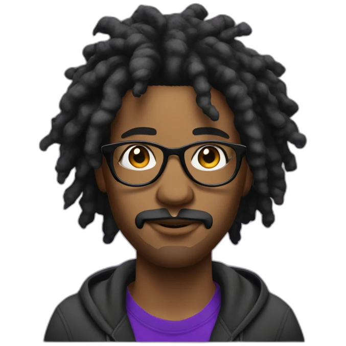 Single young with mustache Black digital creator with glasses and black locs and purple sweatshirt emoji