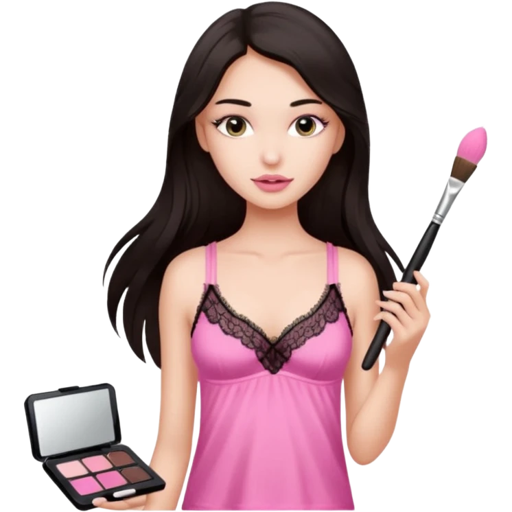 Dark long hair girl wearing pink victorias secret sleepwear that looks like a tank top with lace is holding a normal makeup brush. emoji