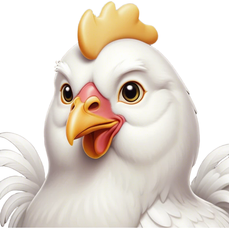 Cinematic Noble White Chicken Portrait Emoji, Poised and regal, with a compact, sturdy build and a pristine, well-groomed pure white plumage, deep-set soulful beady eyes, Simplified yet sharp and sophisticated features, highly detailed, glowing with a soft, dignified glow, high shine, intelligent and alert, stylized with an air of barnyard elegance, focused and attentive, soft glowing outline, capturing the essence of a watchful and confident fowl, so majestic it feels as though it could strut out of the screen with effortless authority! emoji