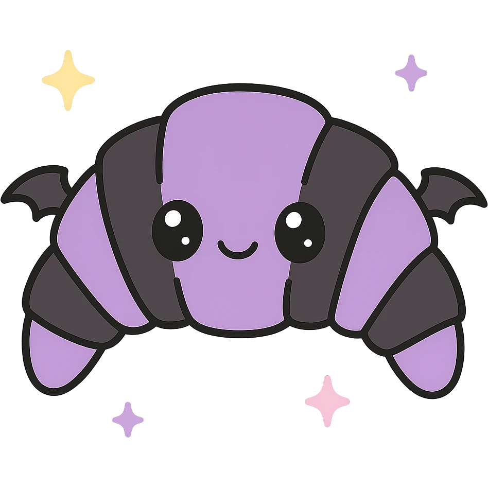 kawaii style gothic croissant, cute face, black and purple layers, tiny bat wings, fun and sweet emoji