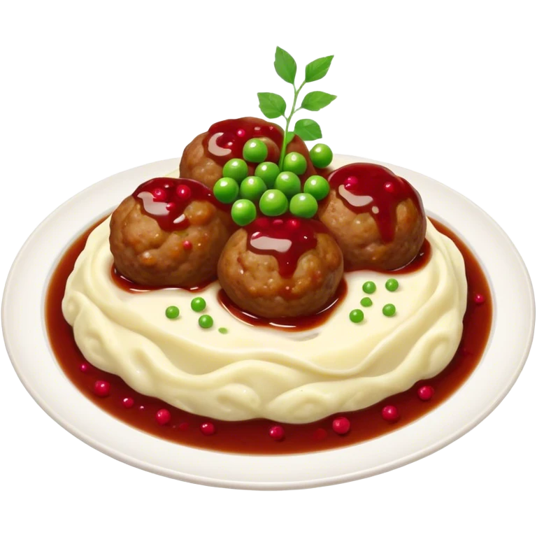 Meatballs with mashed potatoes, peas, pickled cucumber, lingonberries and gravy emoji