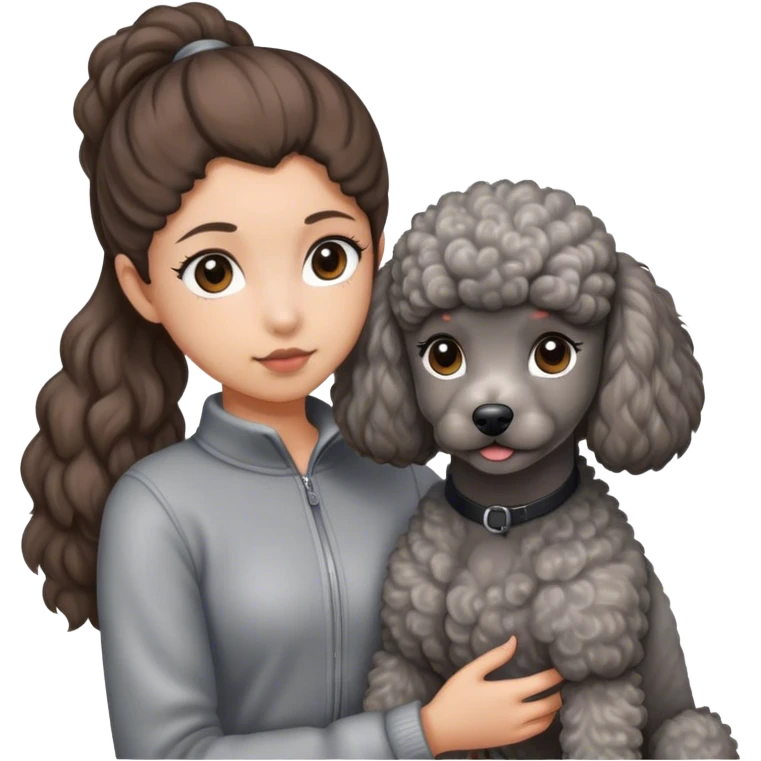A girl with a brown ponytail holding a grey poodle emoji