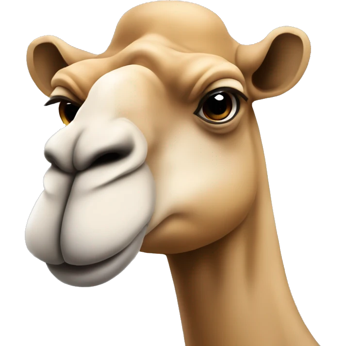 Design a simple, rounded camel head emoji with a wide, cheerful smile. The camel should have soft features, with a small fez on top for a unique touch. Keep the colors and shading minimal, similar to regular smiley emojis. emoji