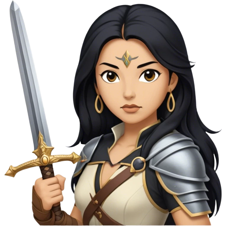 Cinematic Realistic Mulan Portrait, depicted with lifelike skin texture, soft natural lighting, and intricately detailed long black hair styled elegantly. Her deep, expressive eyes exude determination and grace, complemented by a serene yet confident expression. She stands with one hand resting on the hilt of her sword, the other by her side, exuding strength and poise. She is dressed in her classic attire, with rich fabric textures and delicate folds that catch the light beautifully. The portrait features a soft, enchanting glow with a natural, radiant finish, capturing the essence of timeless strength and beauty in a realistic and painterly style, evoking a sense of depth and authenticity. emoji
