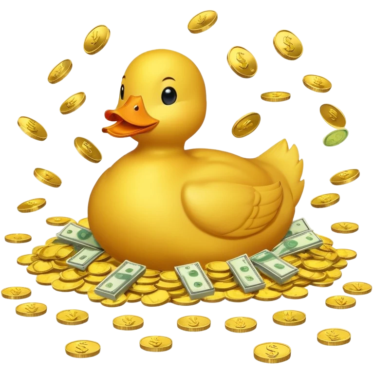 Yellow duck swimming in a pile of gold coins and dollar bills emoji
