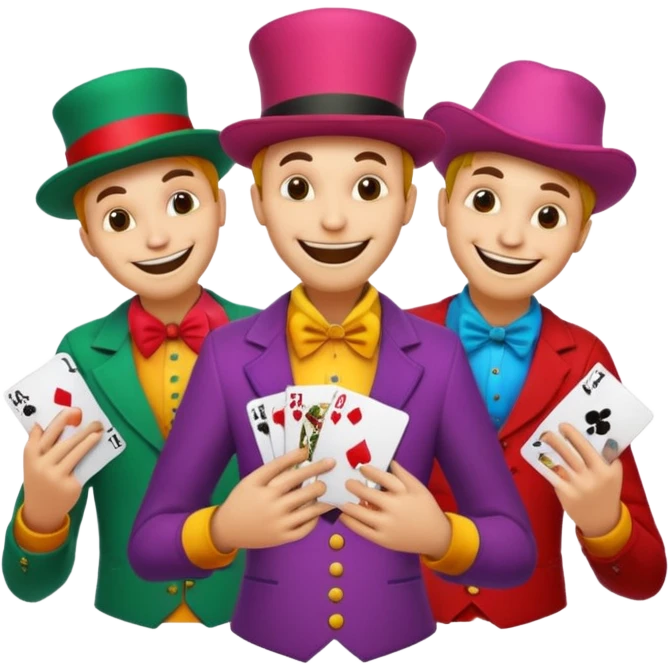 3 poker cards, with crazy colorful human jolly jokers inside, face and torso only emoji