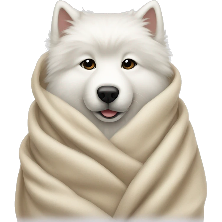 white samoyed cozy in beige blanket emoji