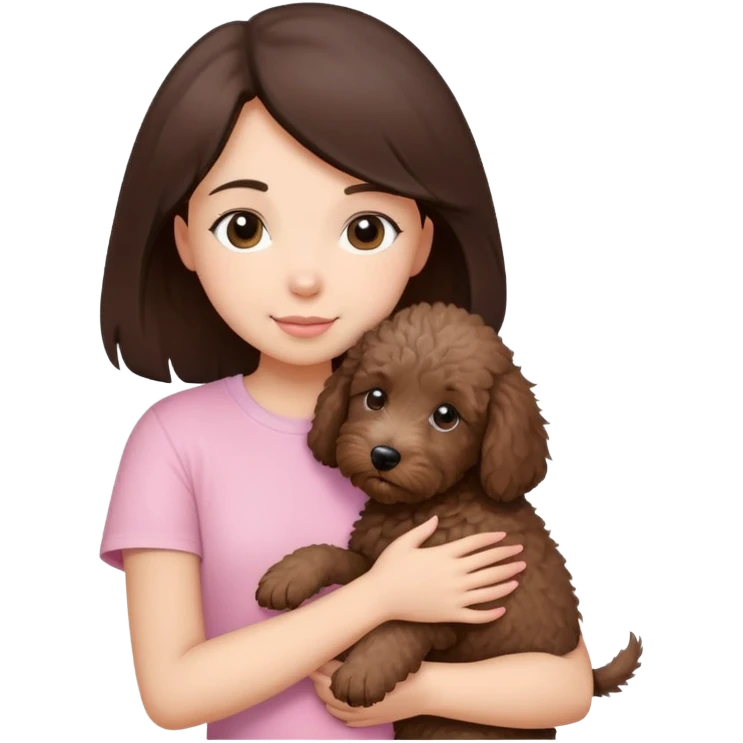 One girl with medium long dark brown hair dressing baby pink T-shirt, hugging One little brown coated labradoodle. emoji