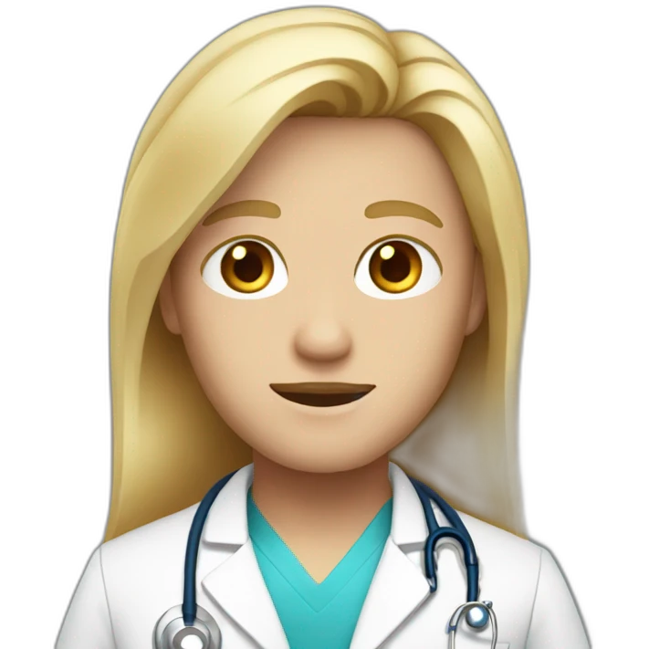 doctor with longblond hair and blue eyes and red face emoji