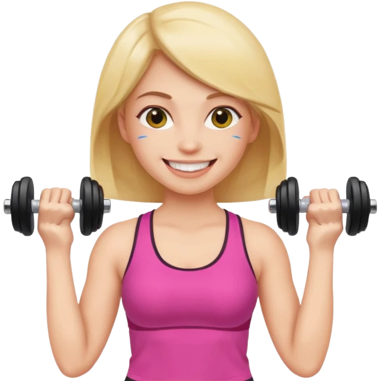 woman holding dumbbell in one hand and face roller in another, smiling, emoji style emoji