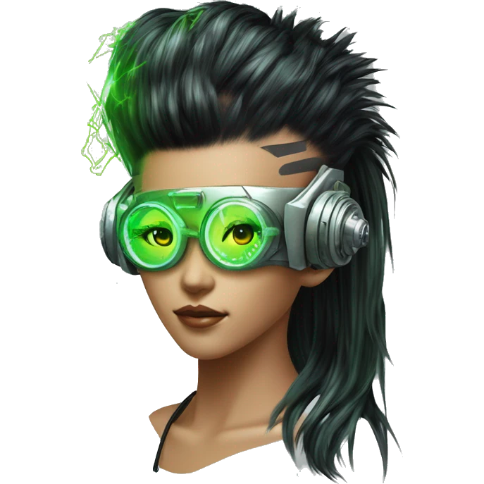 Neon green Mohawk hair Asian female cyborg head with silver steampunk goggles and circuits emoji