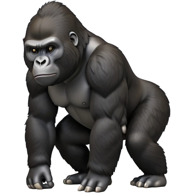 cinematic-friendly gorilla-realistic-full-body-crouched on all fours-emoji,-broad-and-powerful-frame-poised-with-confidence,-massive-arms-hanging-slightly-forward,-head-tilted-thoughtfully,-thick-black-fur,-deep-dark-eyes-full-of-intelligence,-simplified-yet-realistic emoji