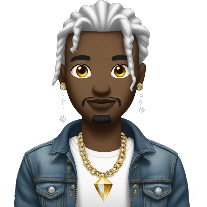 Black Dread head wearing a jean jacket with a white shirt with golden diamond grills and diamond earrings he looks like a rapper emoji
