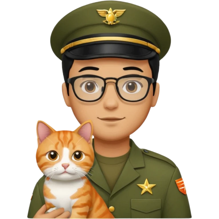 Veterinario hombre trigueño con lentes, con cabello negro, y con uniforme veterinario color verde militar cargando un gato naranja emoji